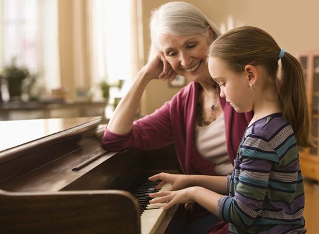 Grandmother and granddaughter playing piano